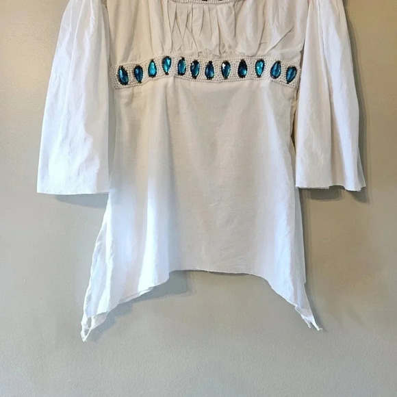 TAJ By Sabrina Crippa Handmade Beaded Bohemian Bell Sleeve Cotton Tunic Blouse S - Picture 8 of 14